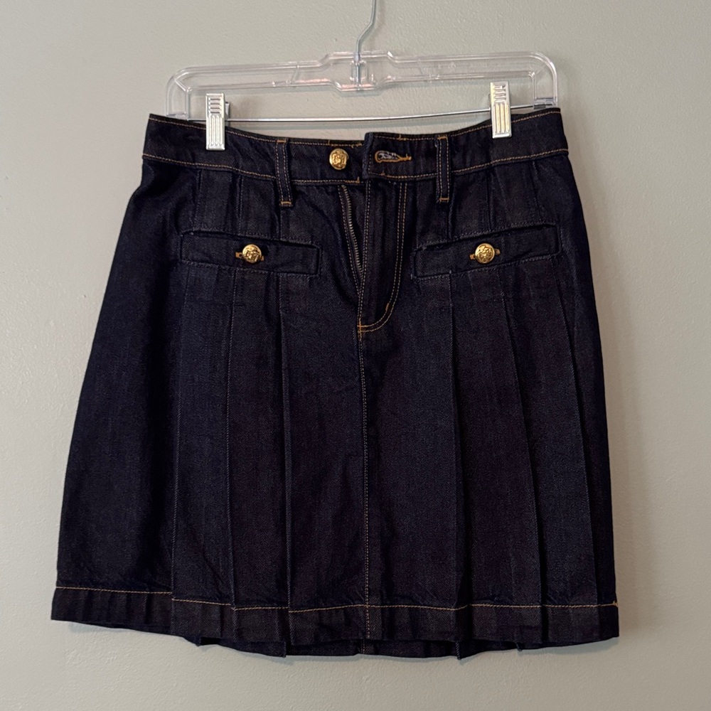 LOFT Dark Indigo Denim A-Line Skirt with Gold Buttons